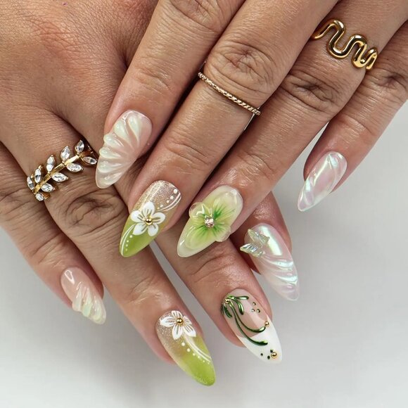 Spring Green Press On Nails with 3D Floral, Butterfly, Medium Almond - Picture 2 of 5